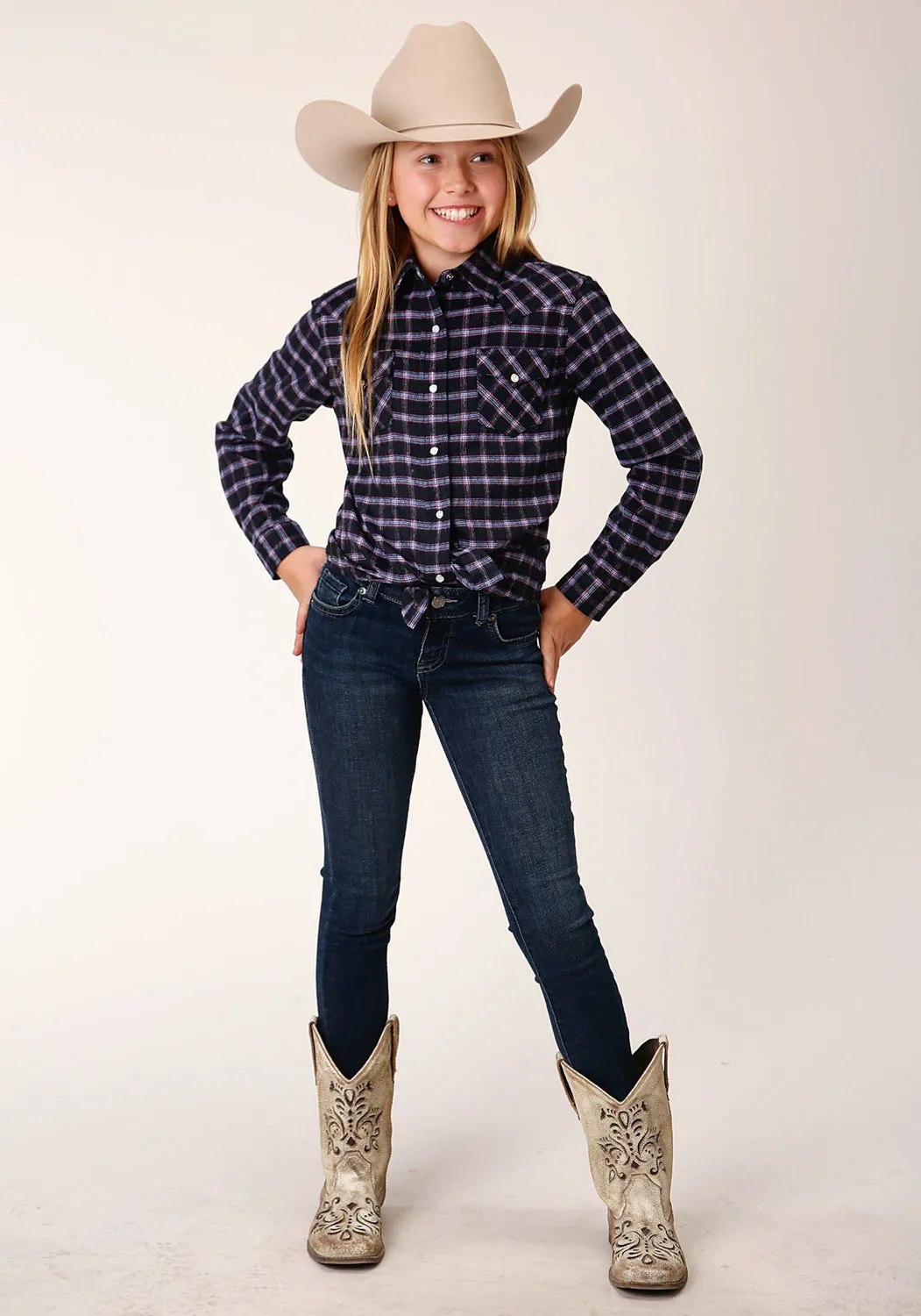 Roper Girls Unlined Plaid Blue 100% Cotton L/S Shirt