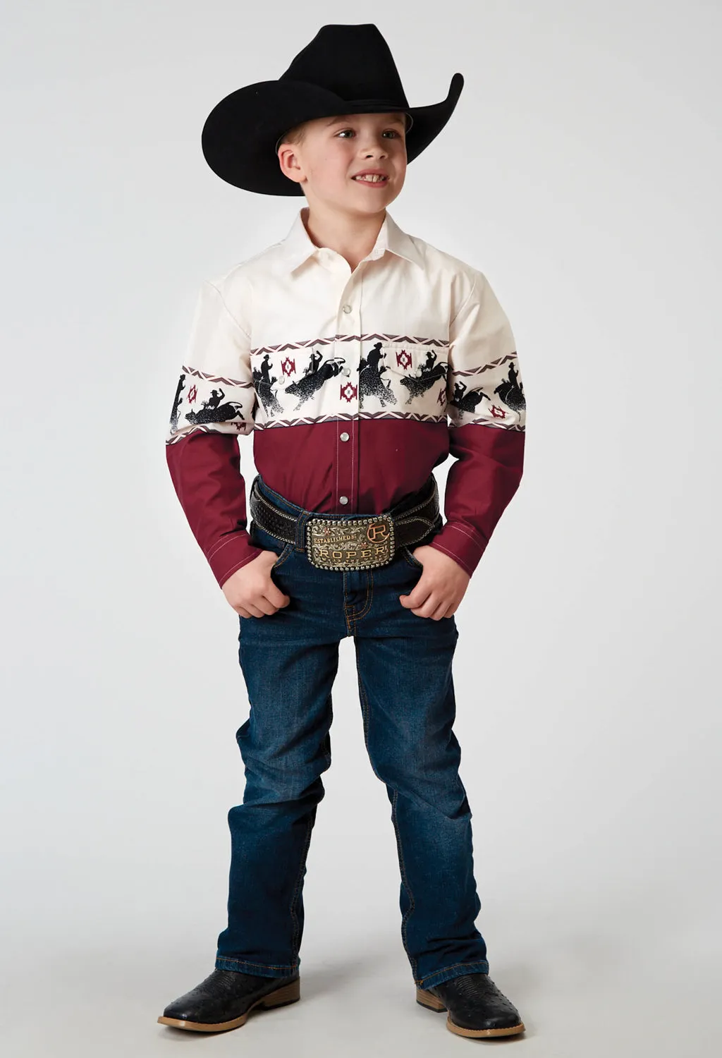 Roper Kids Boys 1905 Bull Aztec Border Red 100% Cotton L/S Shirt
