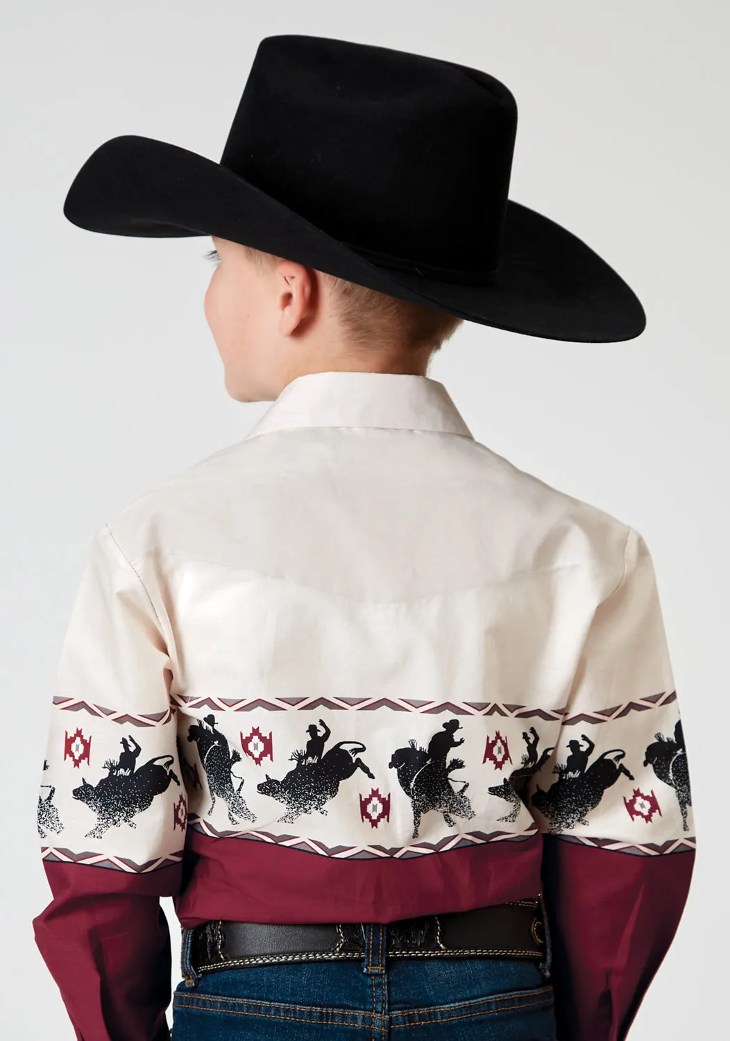 Roper Kids Boys 1905 Bull Aztec Border Red 100% Cotton L/S Shirt