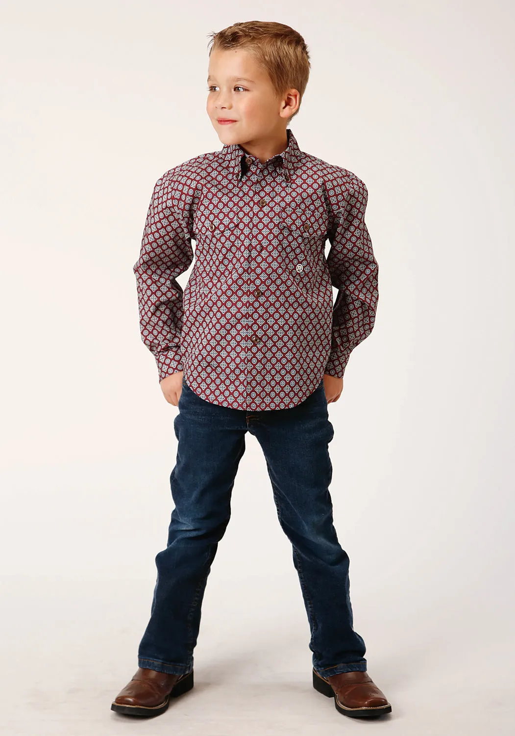 Roper Kids Boys Classic Foulard Wine 100% Cotton L/S Shirt