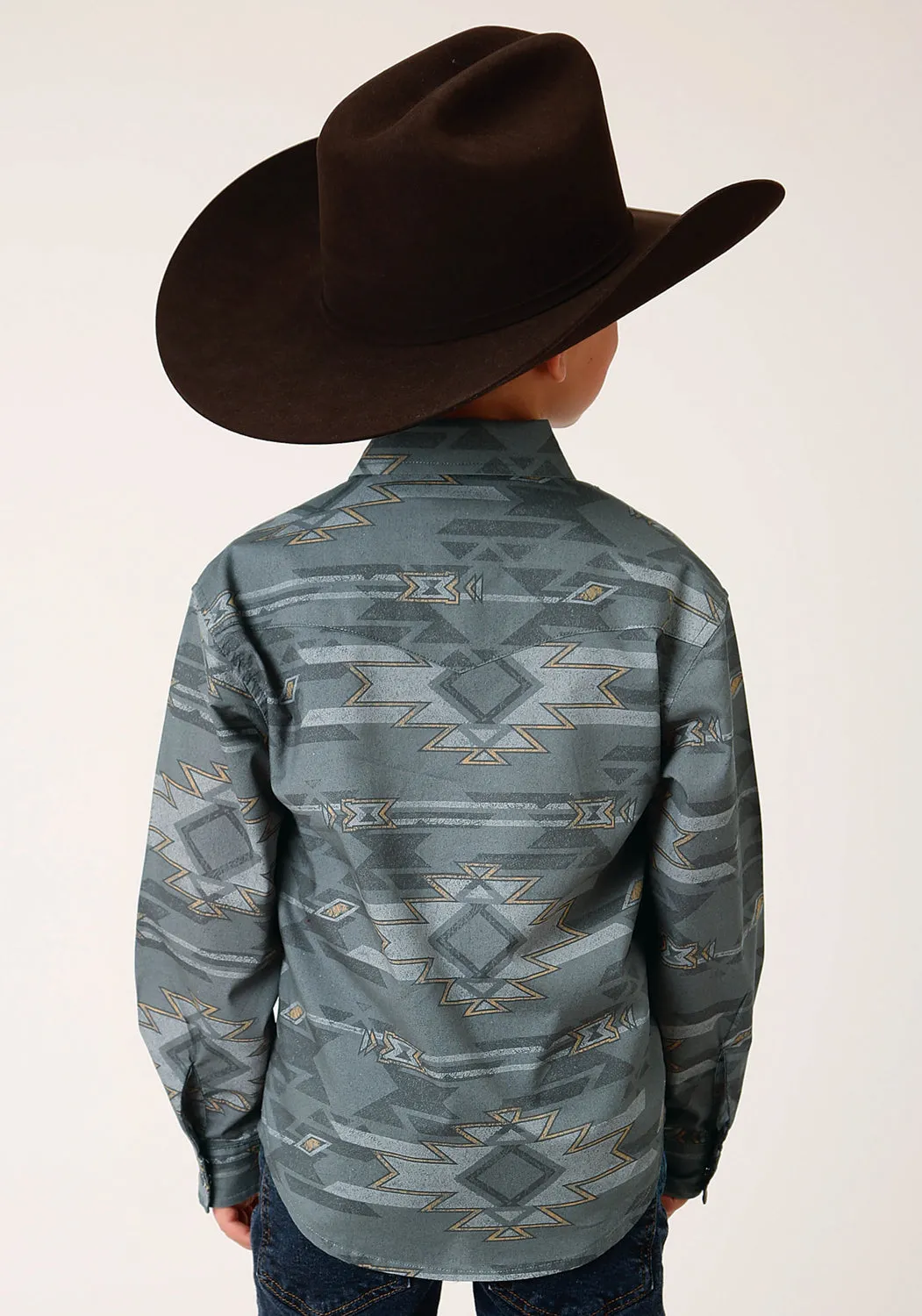 Roper Kids Boys Fog Aztec Grey 100% Cotton L/S Shirt
