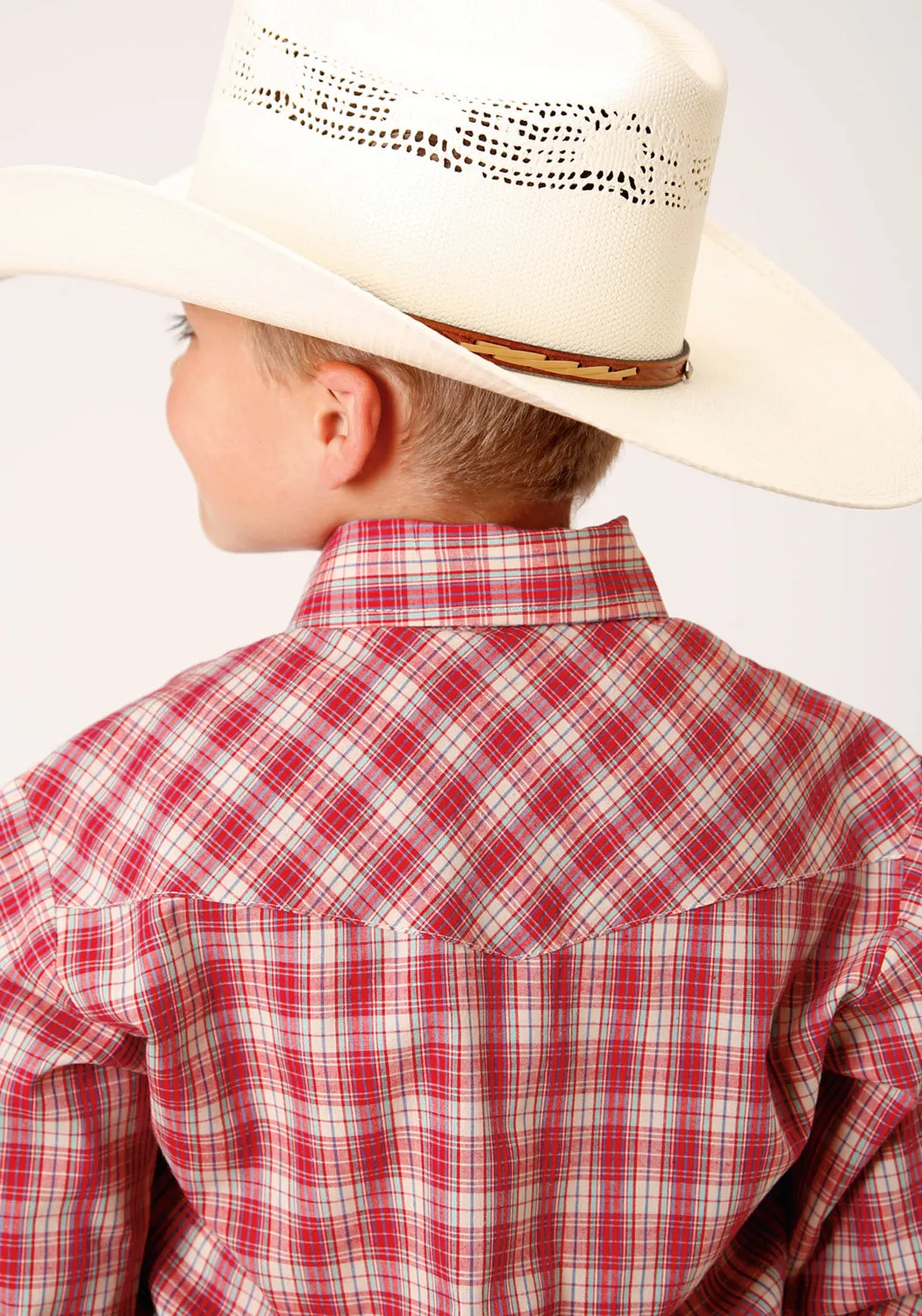 Roper Kids Boys Small Scale Plaid Red Multi Cotton Blend L/S Shirt