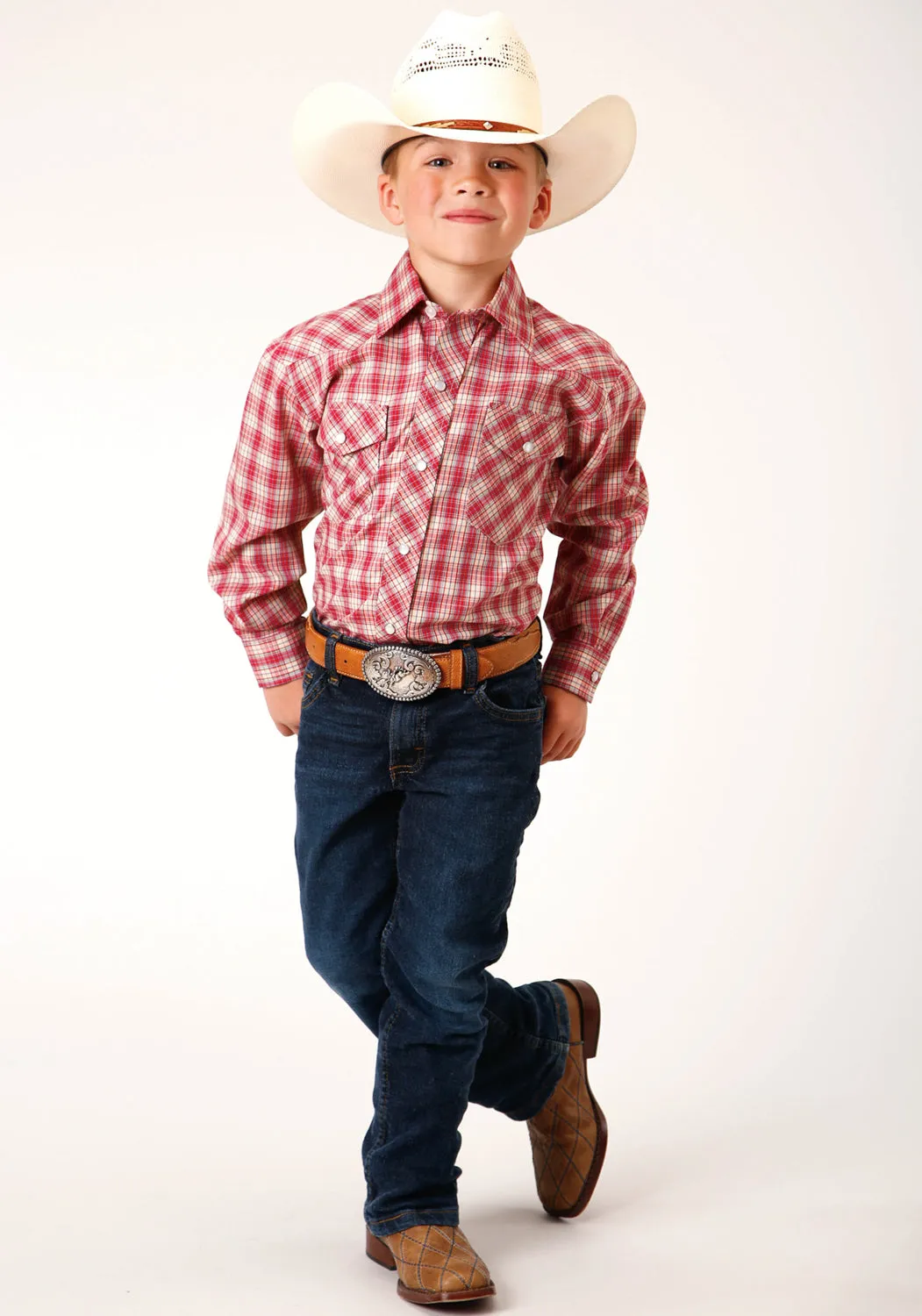Roper Kids Boys Small Scale Plaid Red Multi Cotton Blend L/S Shirt
