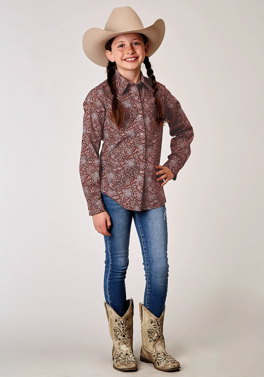 Roper Kids Girls 1896 Vintage Paisley Red 100% Cotton L/S Shirt