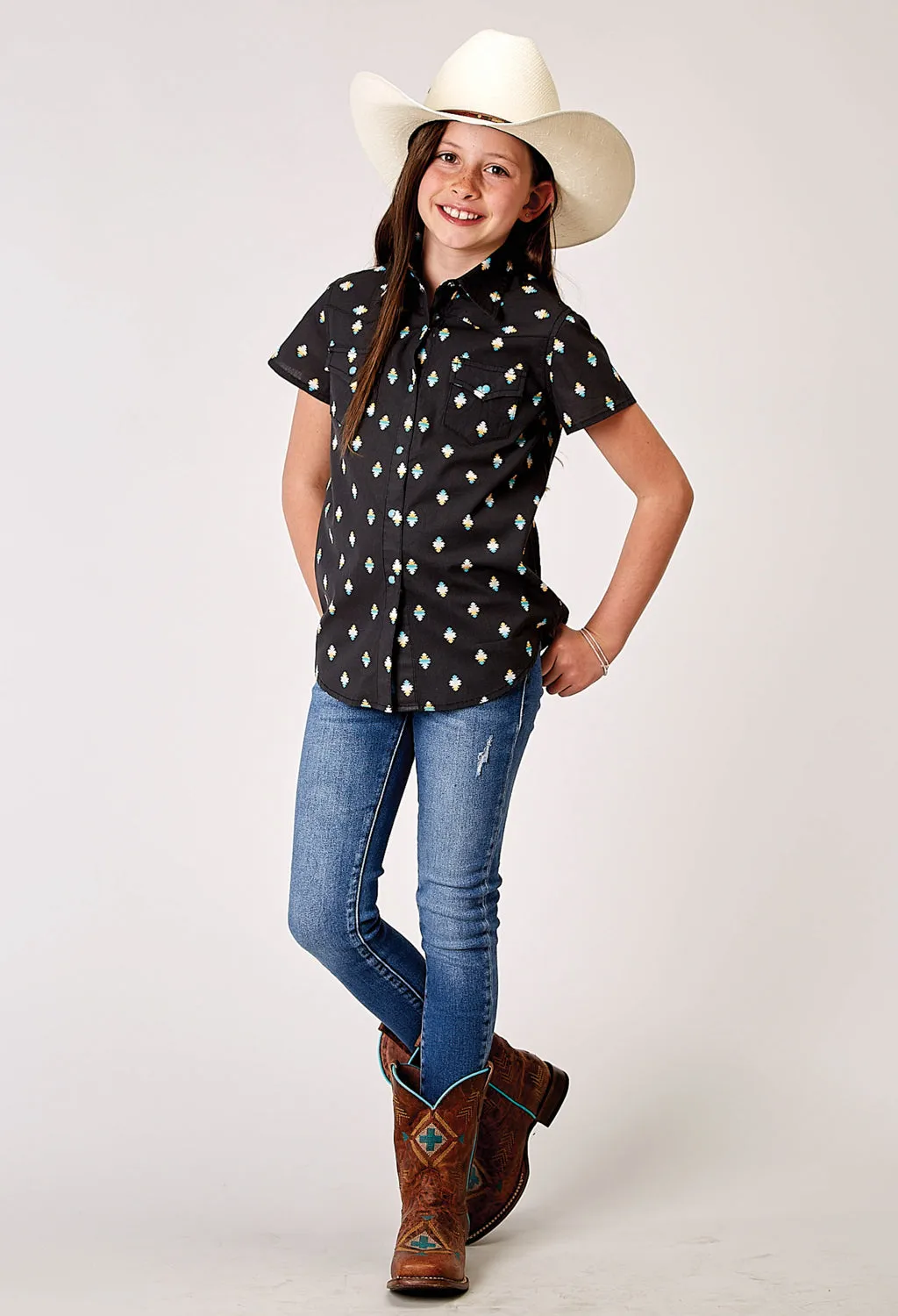 Roper Kids Girls 1897 Ombre Aztec Black 100% Cotton S/L Shirt
