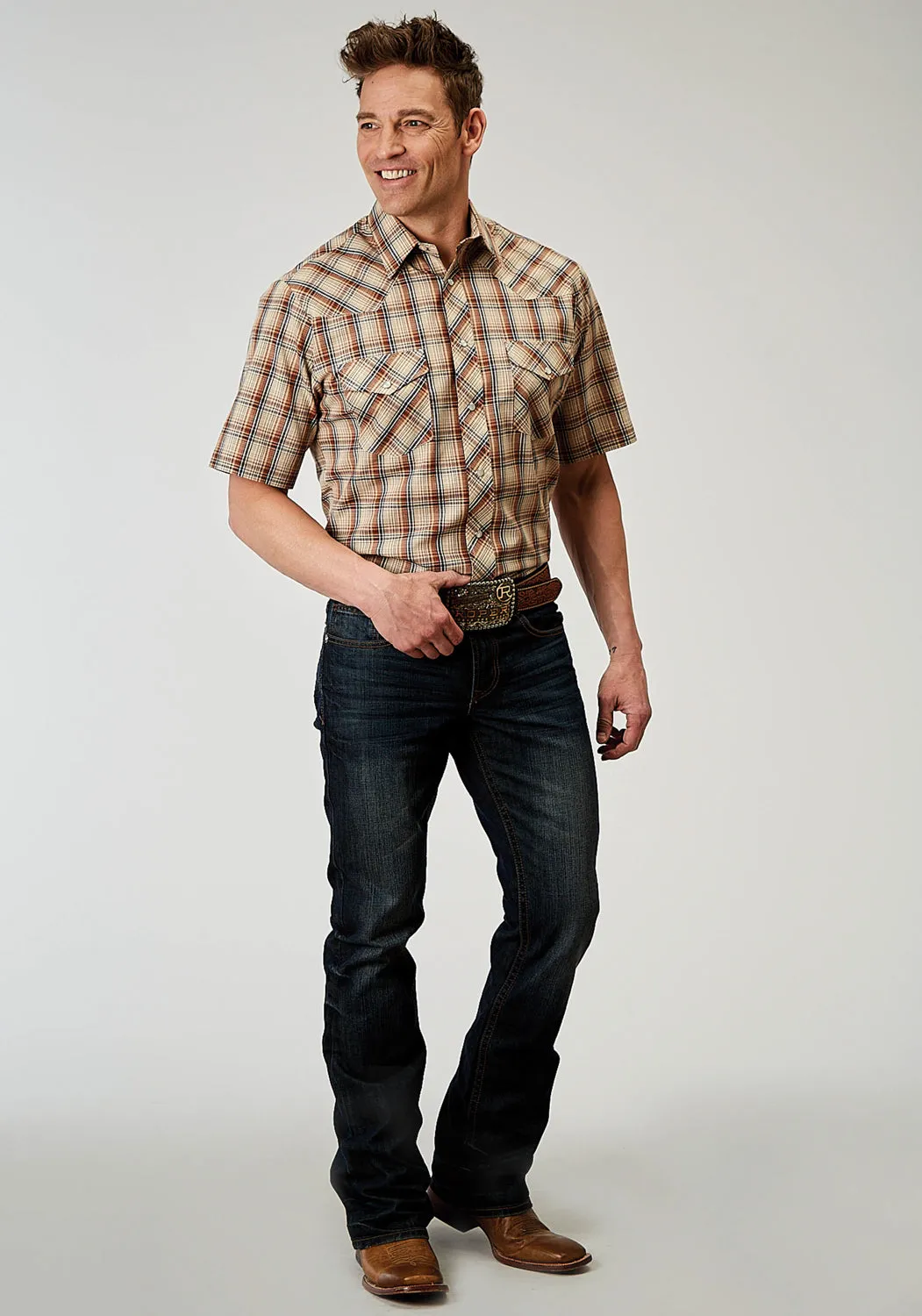 Roper Mens 1970 Brown Plaid Brown Cotton Blend S/S Shirt