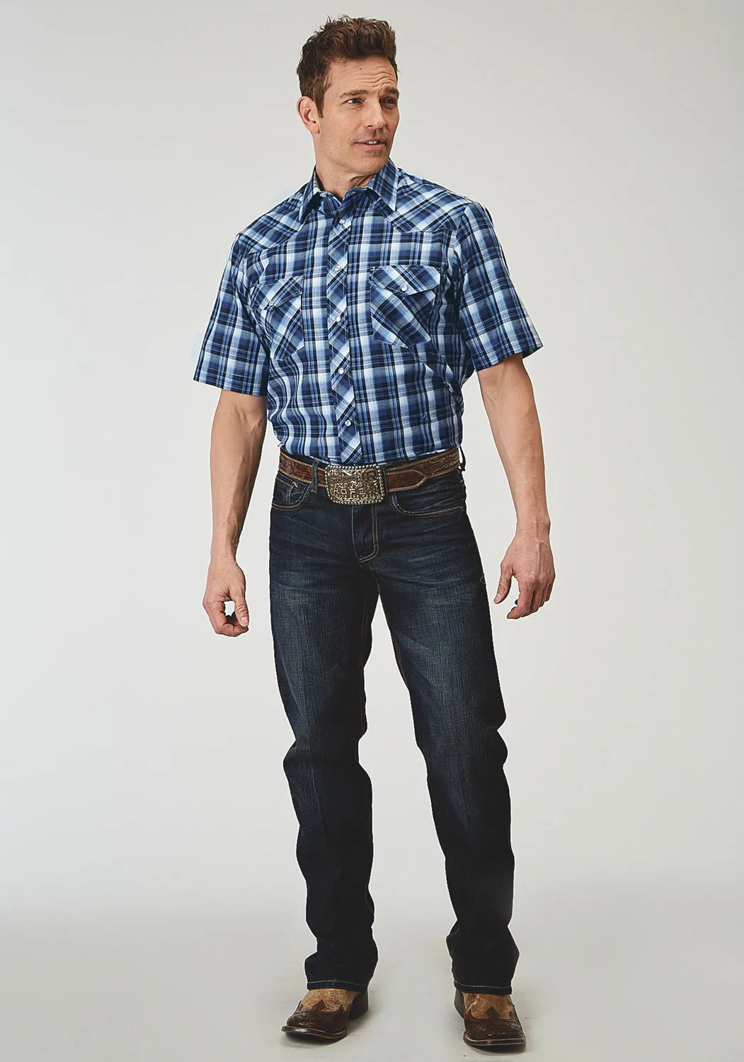 Roper Mens 1975 Midnight Plaid Blue Cotton Blend S/S Shirt