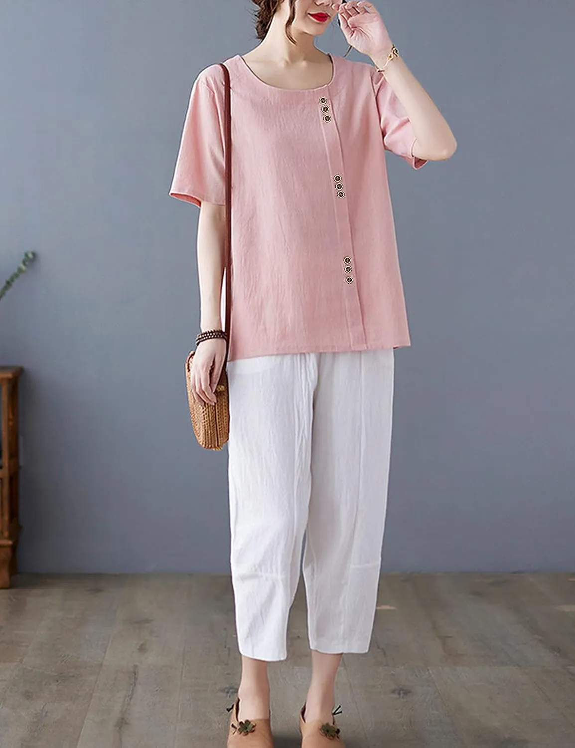 SCUSTY Oversized Crew Neck Linen Tops for Women Short Sleeve Cotton Blend Tee Shirts