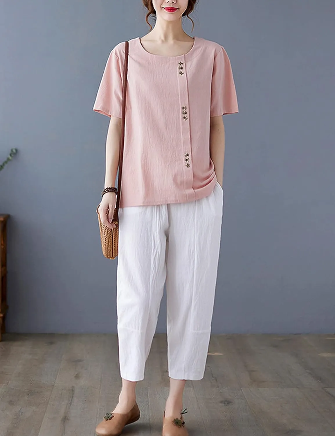SCUSTY Oversized Crew Neck Linen Tops for Women Short Sleeve Cotton Blend Tee Shirts