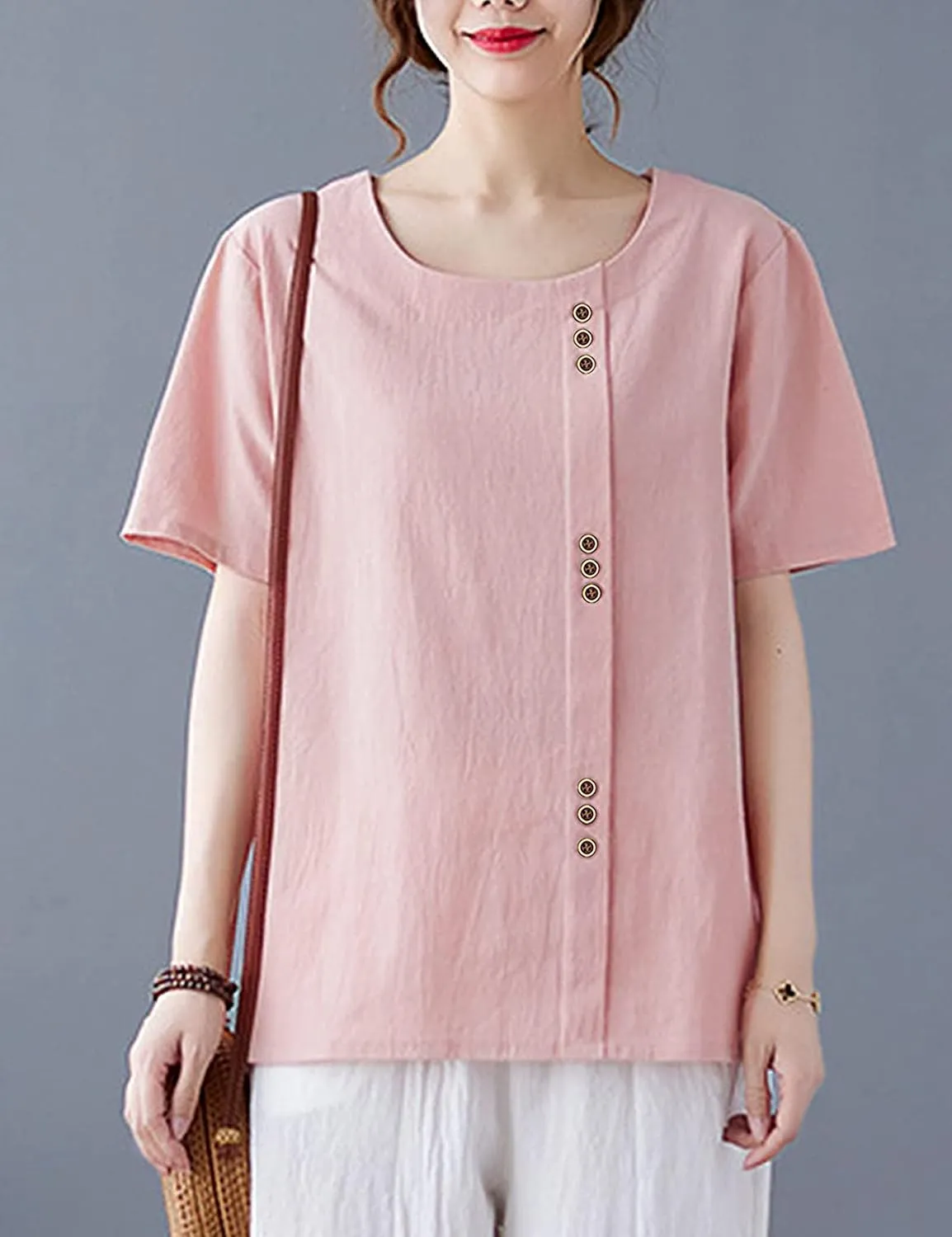 SCUSTY Oversized Crew Neck Linen Tops for Women Short Sleeve Cotton Blend Tee Shirts