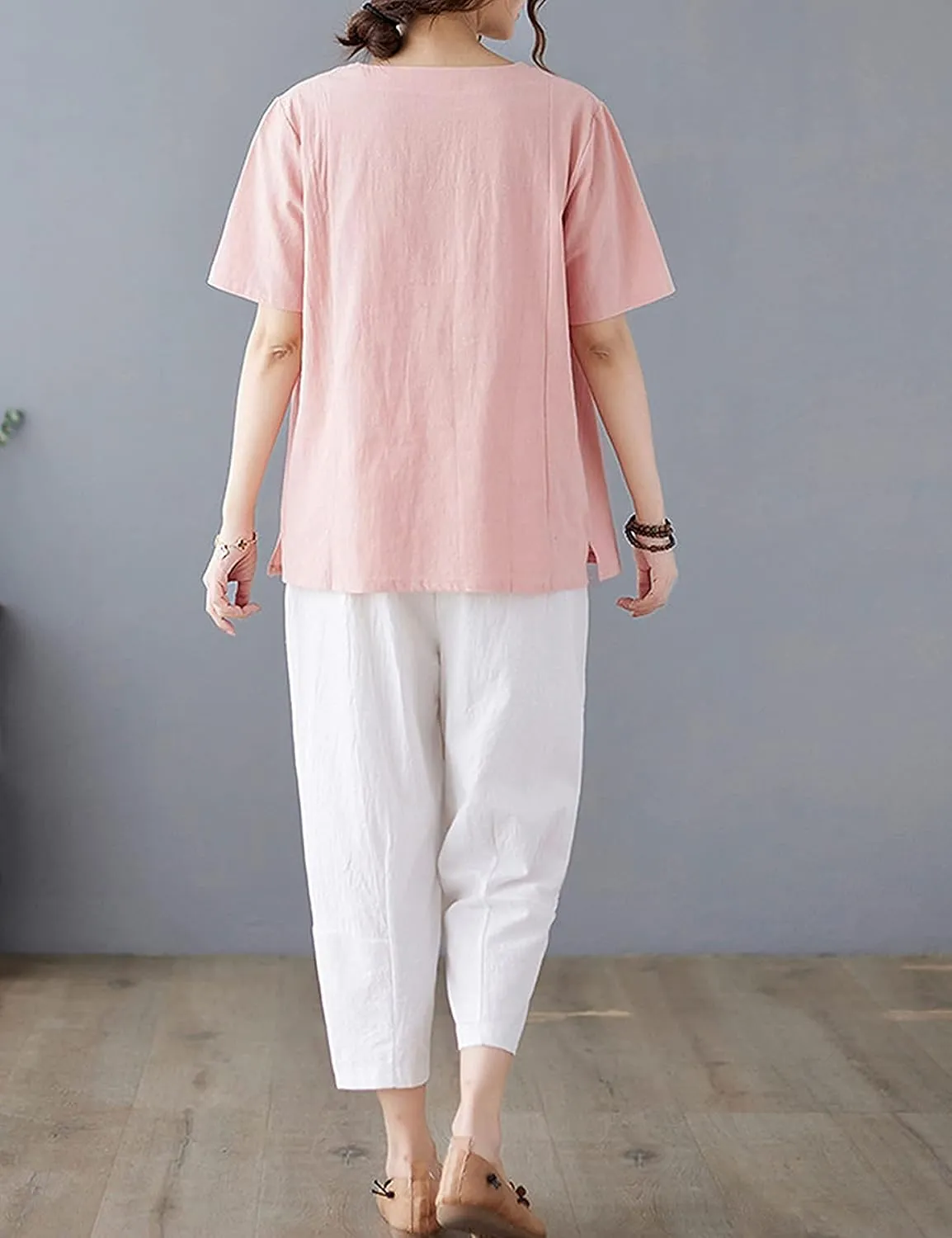 SCUSTY Oversized Crew Neck Linen Tops for Women Short Sleeve Cotton Blend Tee Shirts