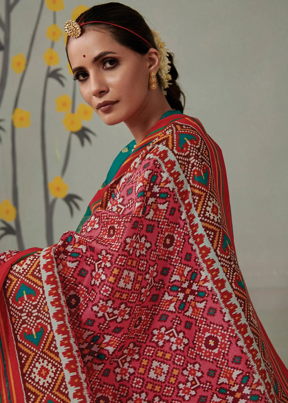 Shades Of Red Patola Printed Tussar Silk Saree