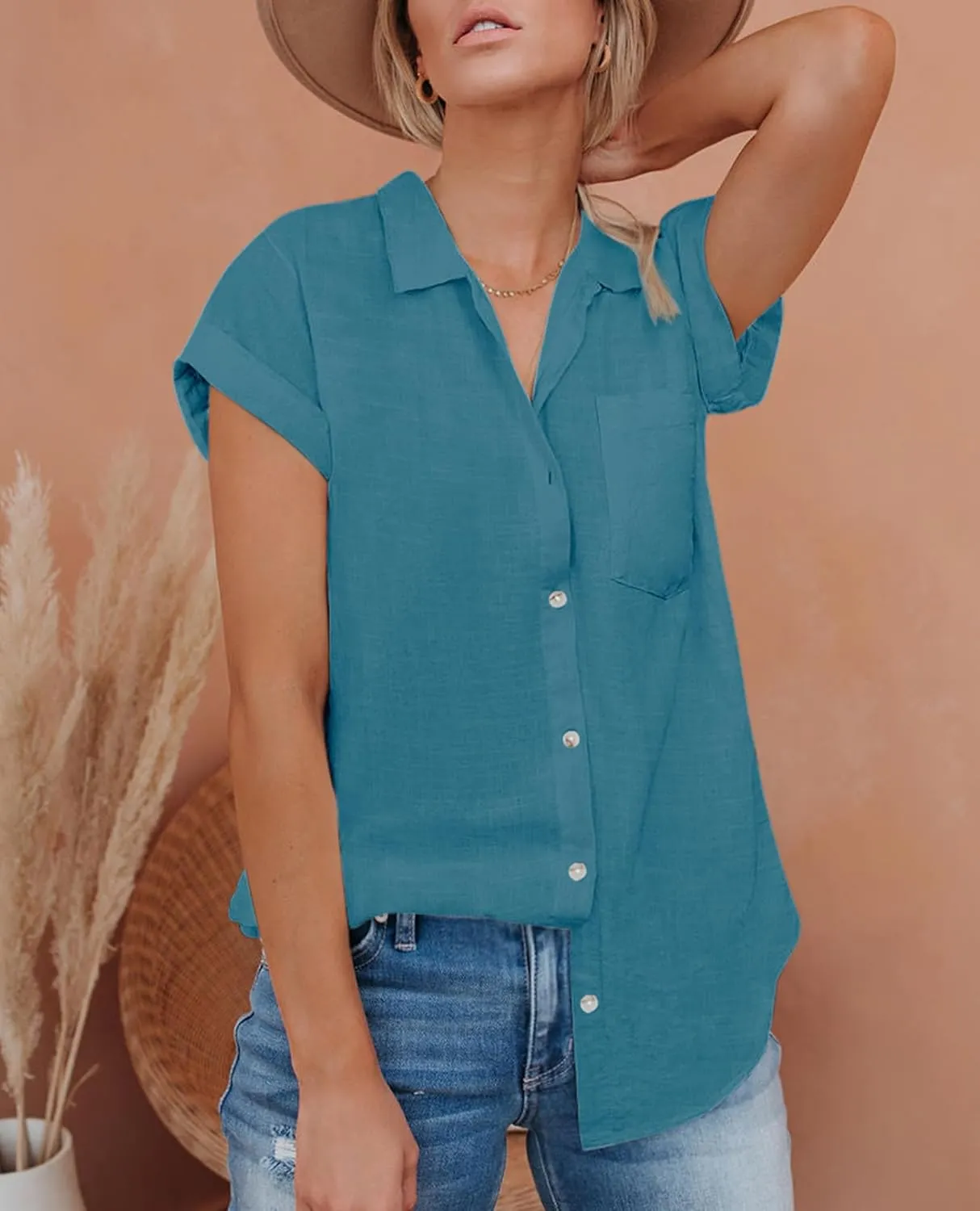 siliteelon Linen Shirts for Women Button Down Shirts Short Sleeve Cotton Collared V Neck Solid Casual Blouses with Pocket