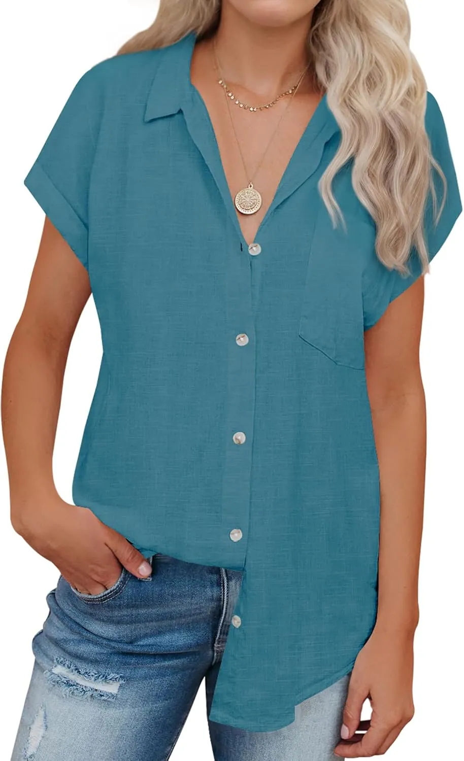 siliteelon Linen Shirts for Women Button Down Shirts Short Sleeve Cotton Collared V Neck Solid Casual Blouses with Pocket