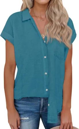 siliteelon Linen Shirts for Women Button Down Shirts Short Sleeve Cotton Collared V Neck Solid Casual Blouses with Pocket