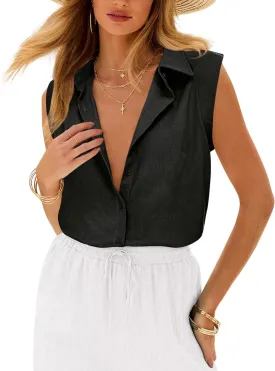 siliteelon Linen Shirts for Women Button Down Shirts Sleeveless Cotton Collared V Neck Solid Tank Top Casual Blouses