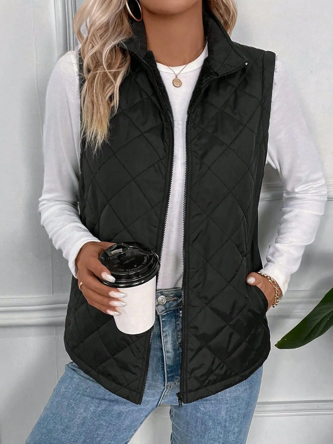 SKAYS Women's Stand Collar Lightweight Quilted Vest Zip Up Sleeveless Outwear Jacket with Pockets
