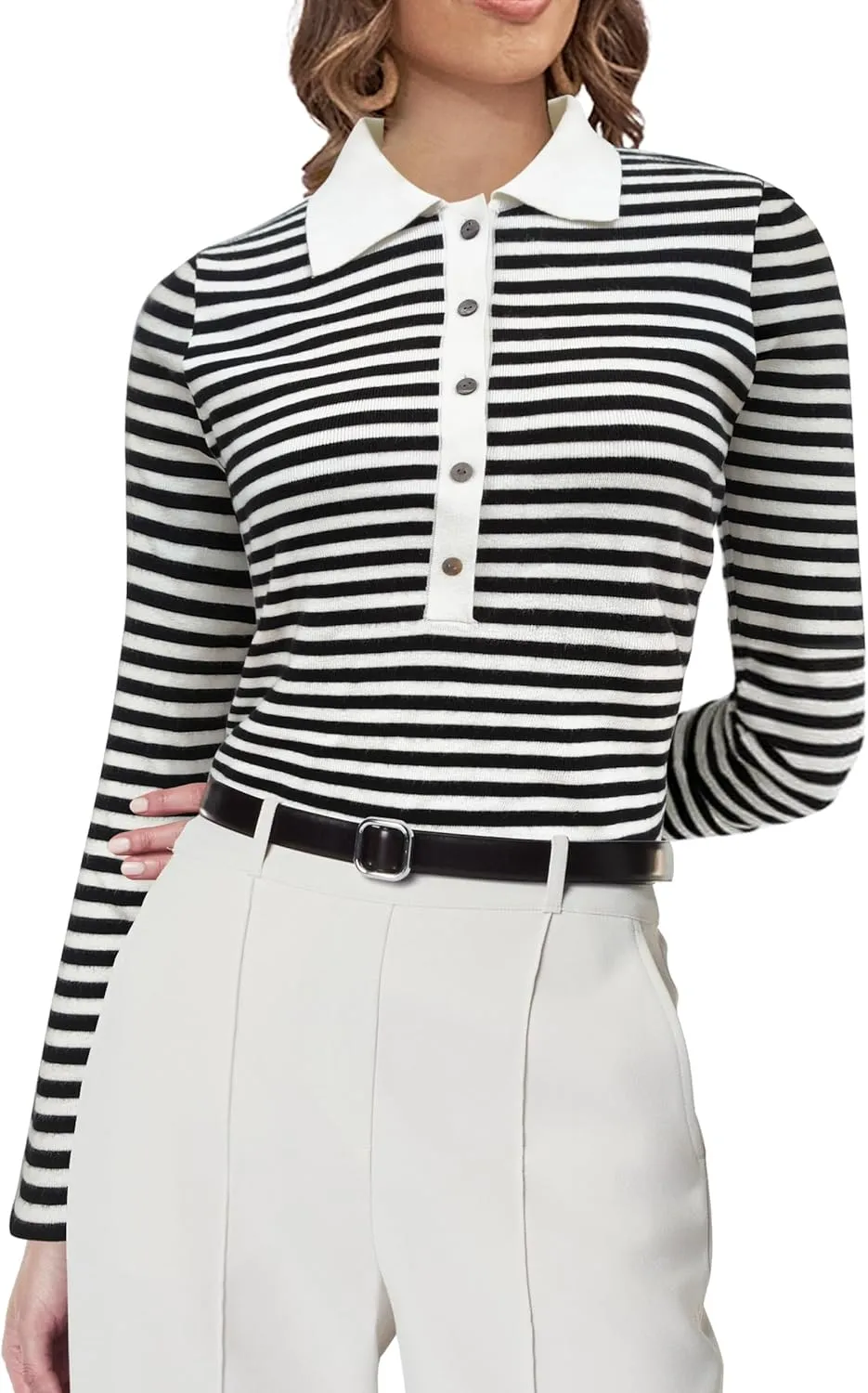 SuperPrity Long Sleeve Shirts for Women Spring Fashion V Neck Button Polo Sweaters Stretch Slim Fitted Knit Basic Tee Tops