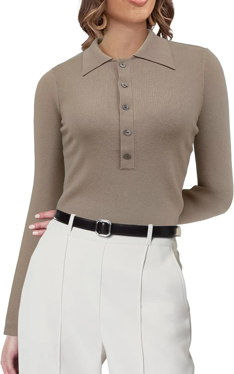 SuperPrity Long Sleeve Shirts for Women Spring Fashion V Neck Button Polo Sweaters Stretch Slim Fitted Knit Basic Tee Tops