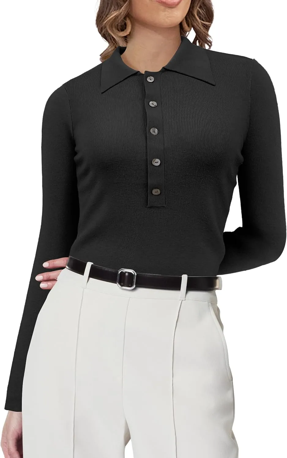 SuperPrity Long Sleeve Shirts for Women Spring Fashion V Neck Button Polo Sweaters Stretch Slim Fitted Knit Basic Tee Tops