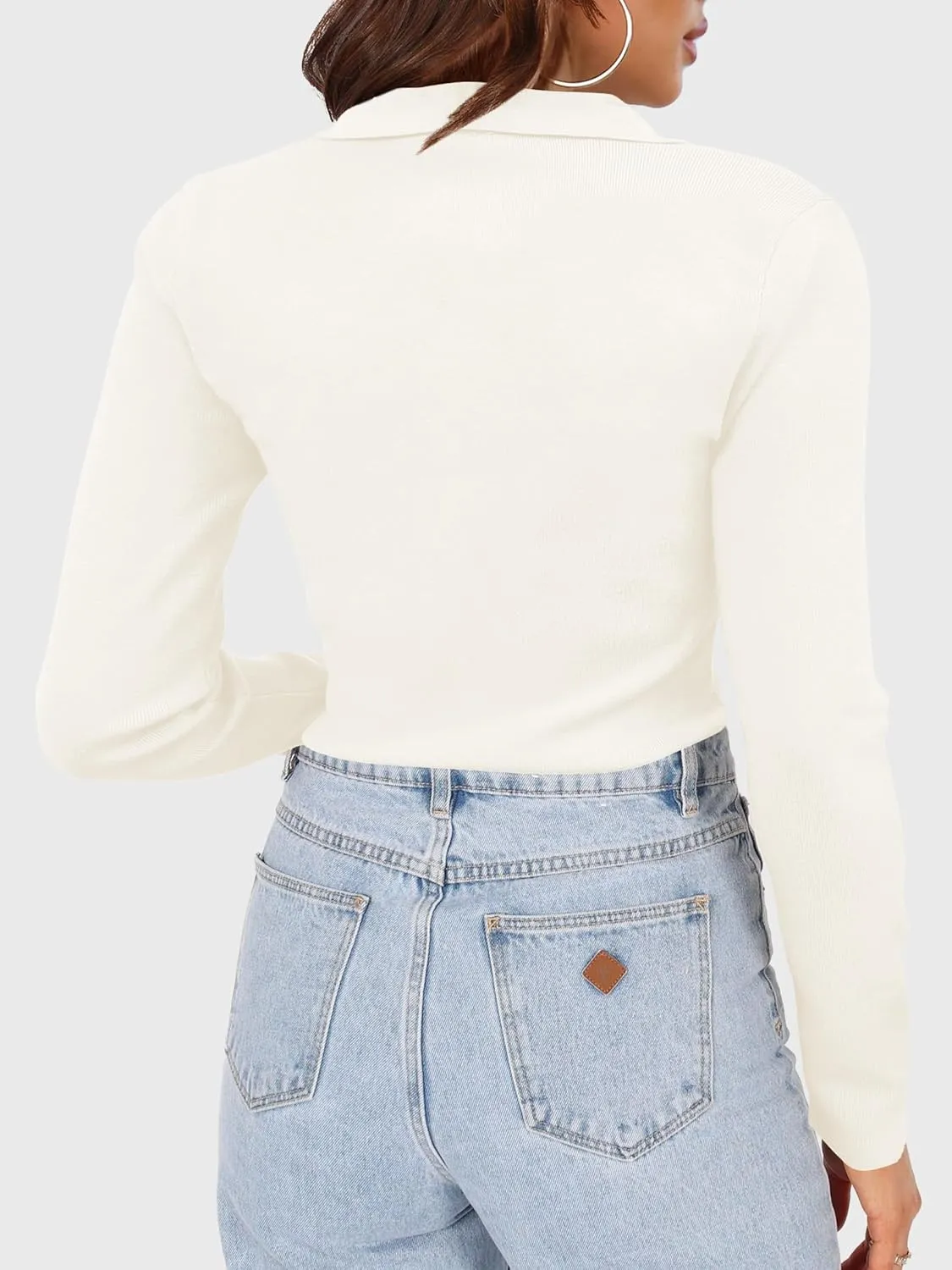 SuperPrity Long Sleeve Shirts for Women Spring Fashion V Neck Button Polo Sweaters Stretch Slim Fitted Knit Basic Tee Tops