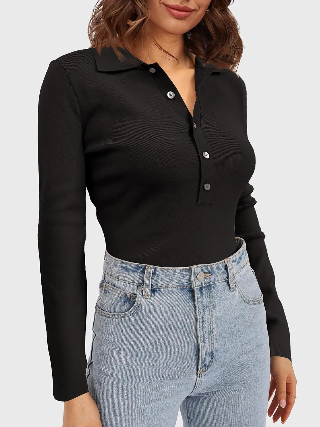 SuperPrity Long Sleeve Shirts for Women Spring Fashion V Neck Button Polo Sweaters Stretch Slim Fitted Knit Basic Tee Tops