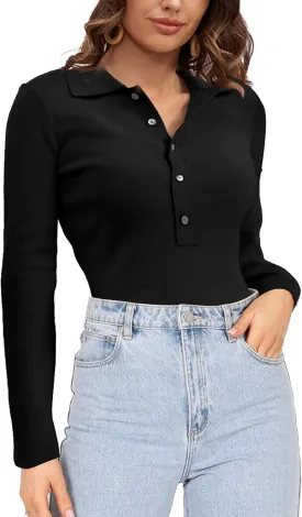 SuperPrity Long Sleeve Shirts for Women Spring Fashion V Neck Button Polo Sweaters Stretch Slim Fitted Knit Basic Tee Tops