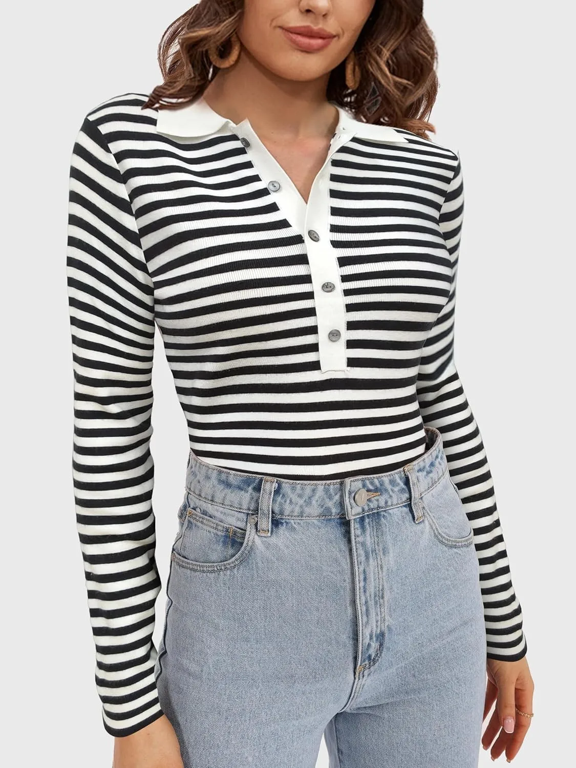 SuperPrity Long Sleeve Shirts for Women Spring Fashion V Neck Button Polo Sweaters Stretch Slim Fitted Knit Basic Tee Tops