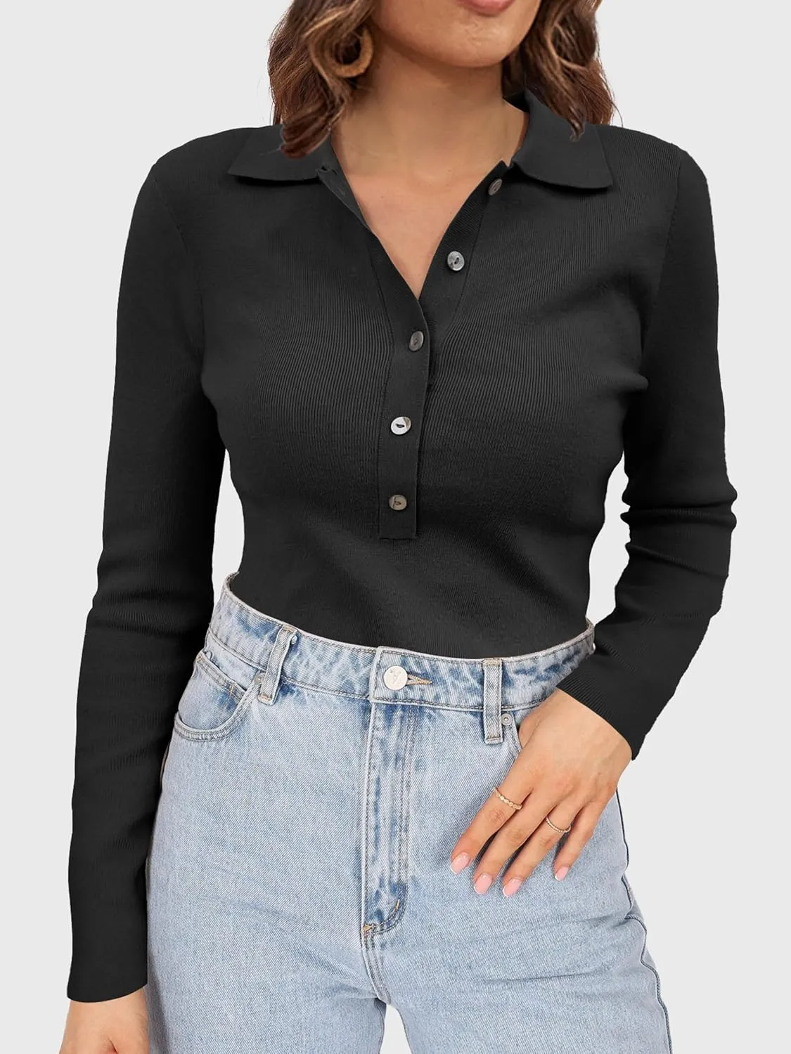 SuperPrity Long Sleeve Shirts for Women Spring Fashion V Neck Button Polo Sweaters Stretch Slim Fitted Knit Basic Tee Tops