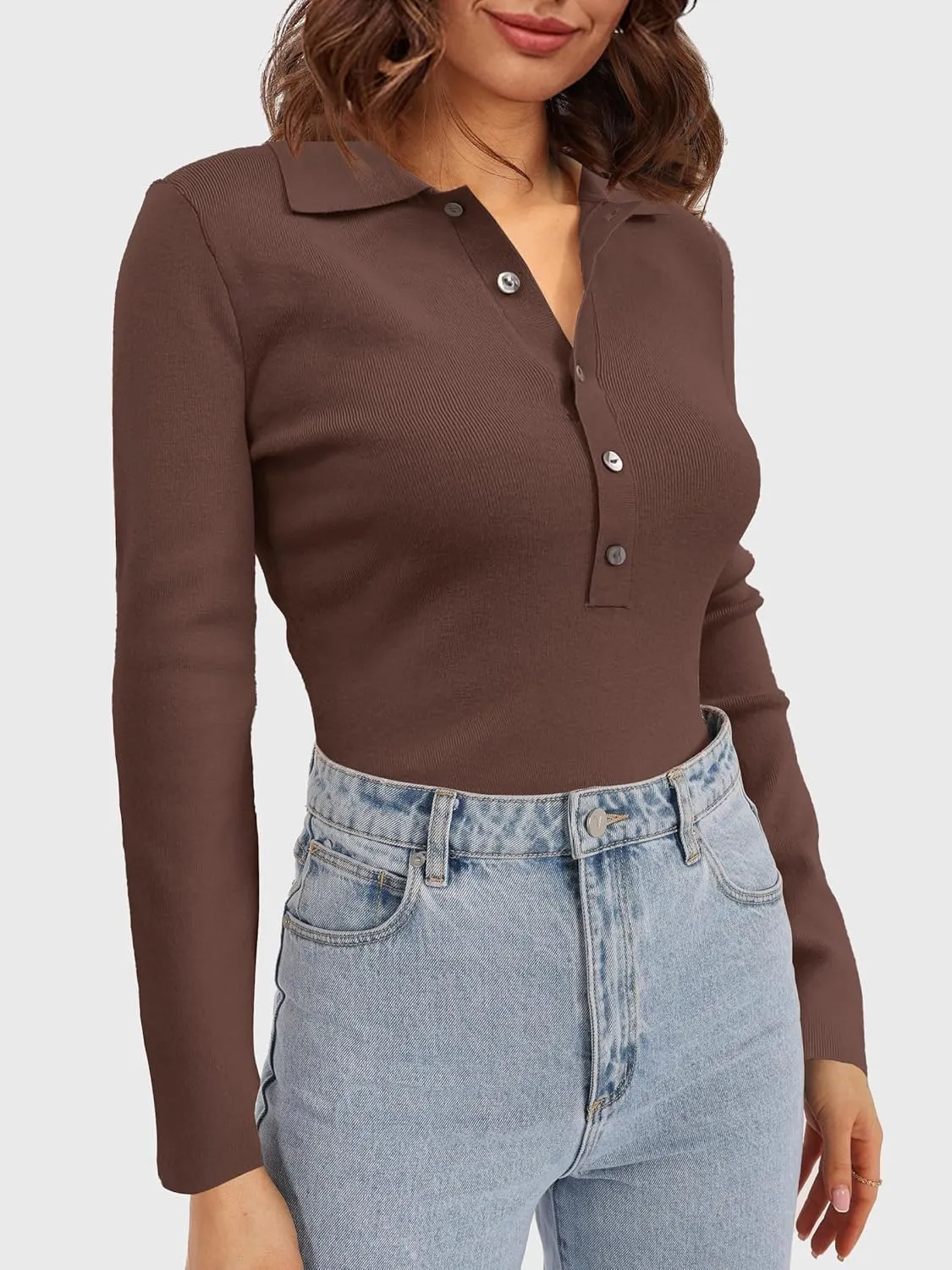 SuperPrity Long Sleeve Shirts for Women Spring Fashion V Neck Button Polo Sweaters Stretch Slim Fitted Knit Basic Tee Tops