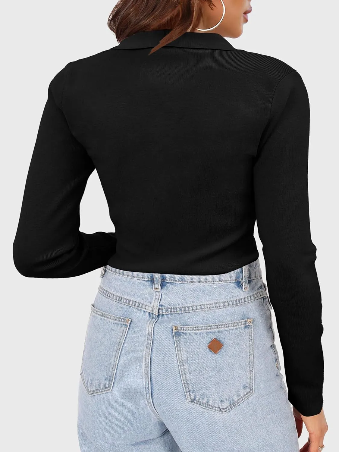 SuperPrity Long Sleeve Shirts for Women Spring Fashion V Neck Button Polo Sweaters Stretch Slim Fitted Knit Basic Tee Tops