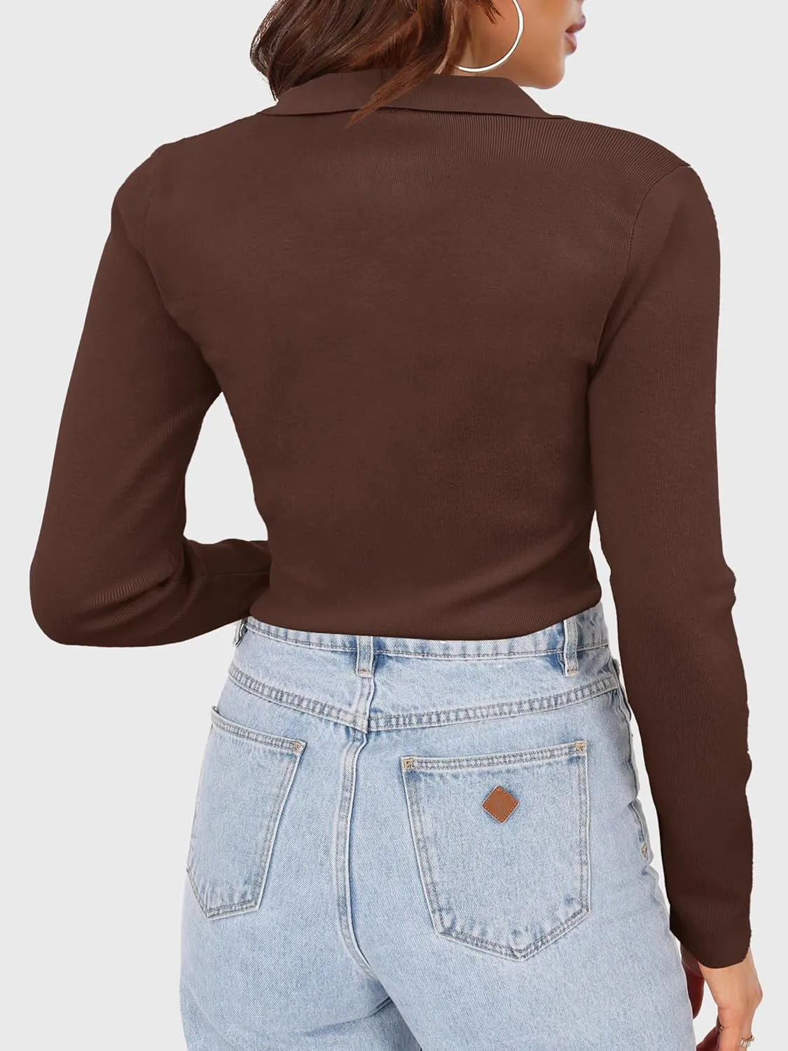 SuperPrity Long Sleeve Shirts for Women Spring Fashion V Neck Button Polo Sweaters Stretch Slim Fitted Knit Basic Tee Tops