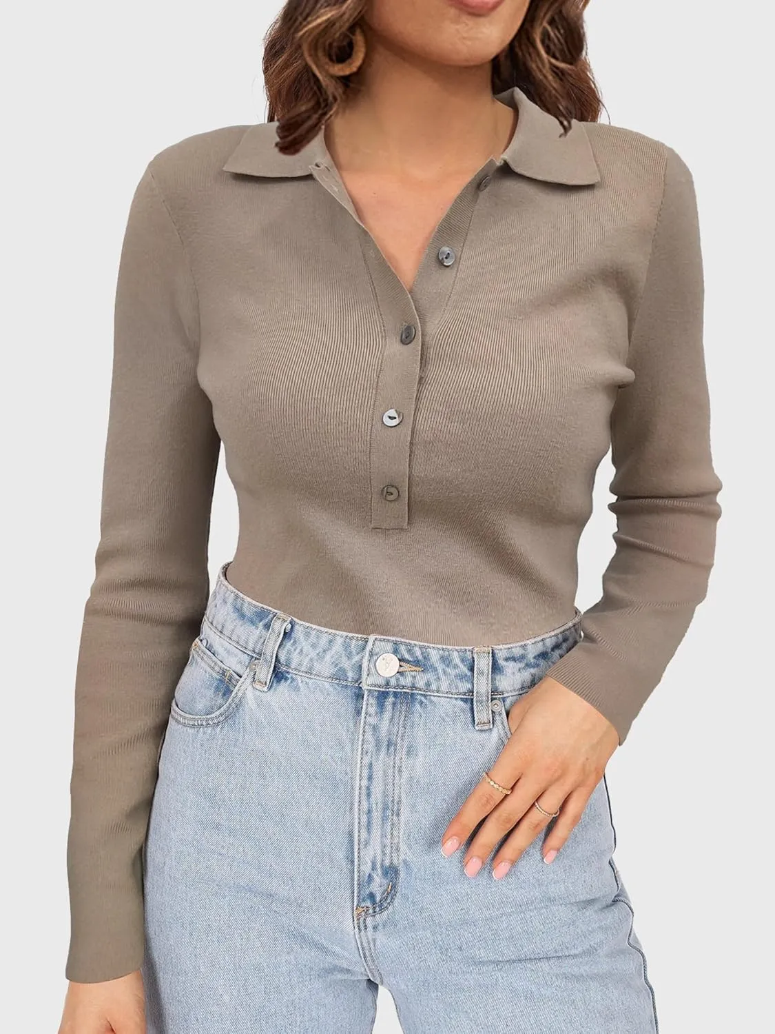 SuperPrity Long Sleeve Shirts for Women Spring Fashion V Neck Button Polo Sweaters Stretch Slim Fitted Knit Basic Tee Tops