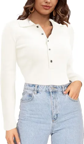 SuperPrity Long Sleeve Shirts for Women Spring Fashion V Neck Button Polo Sweaters Stretch Slim Fitted Knit Basic Tee Tops
