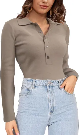 SuperPrity Long Sleeve Shirts for Women Spring Fashion V Neck Button Polo Sweaters Stretch Slim Fitted Knit Basic Tee Tops