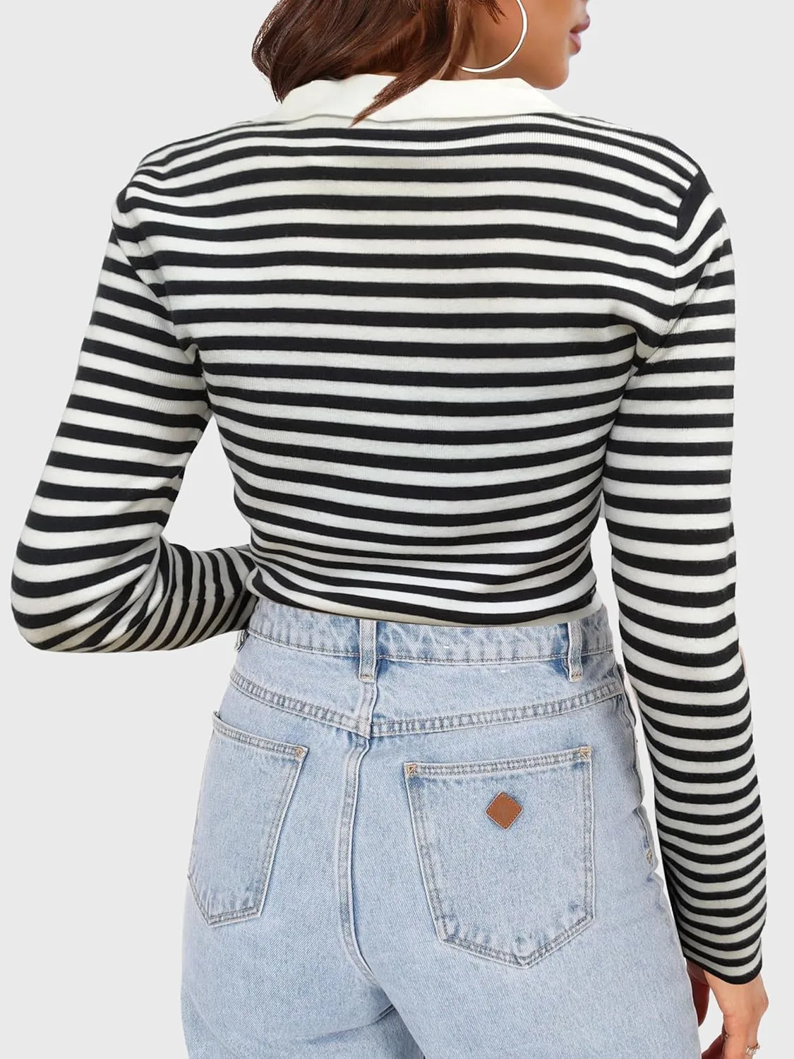 SuperPrity Long Sleeve Shirts for Women Spring Fashion V Neck Button Polo Sweaters Stretch Slim Fitted Knit Basic Tee Tops