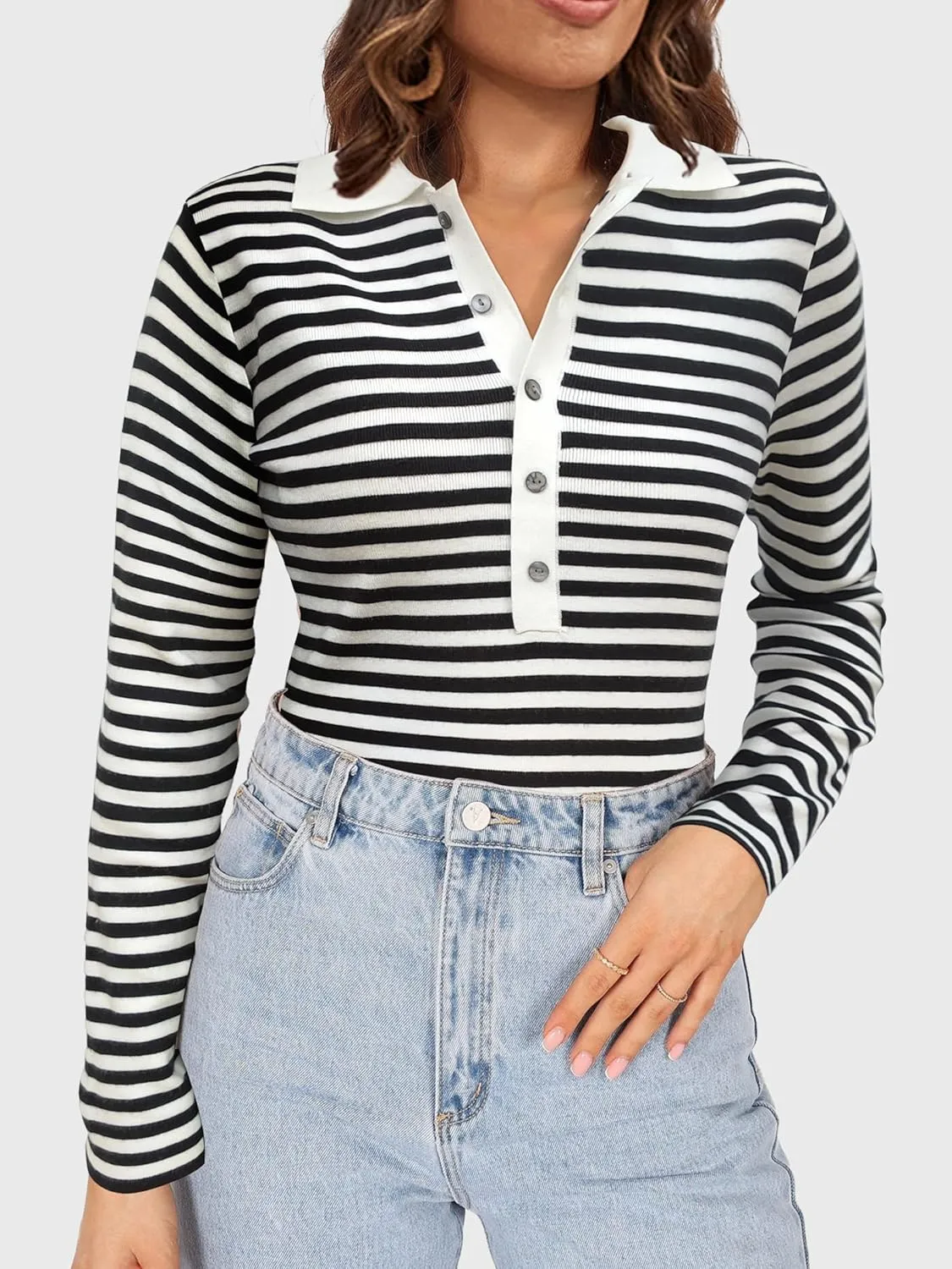 SuperPrity Long Sleeve Shirts for Women Spring Fashion V Neck Button Polo Sweaters Stretch Slim Fitted Knit Basic Tee Tops