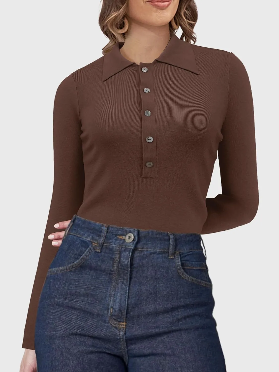 SuperPrity Long Sleeve Shirts for Women Spring Fashion V Neck Button Polo Sweaters Stretch Slim Fitted Knit Basic Tee Tops