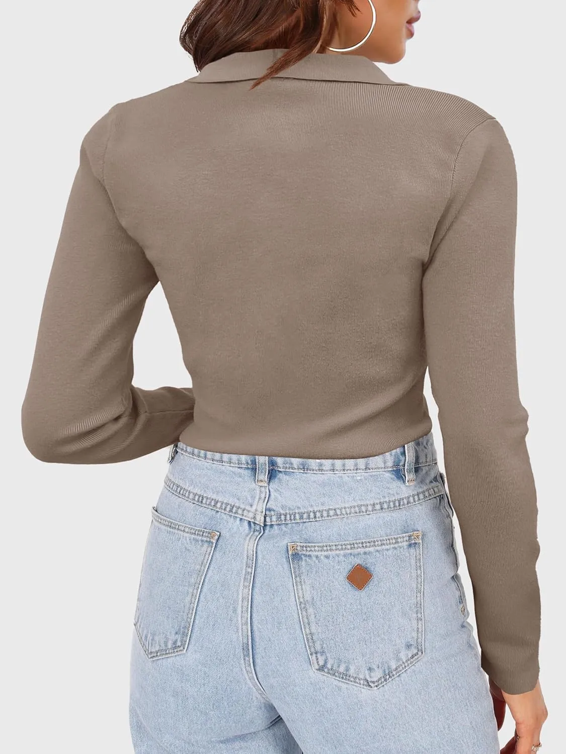 SuperPrity Long Sleeve Shirts for Women Spring Fashion V Neck Button Polo Sweaters Stretch Slim Fitted Knit Basic Tee Tops