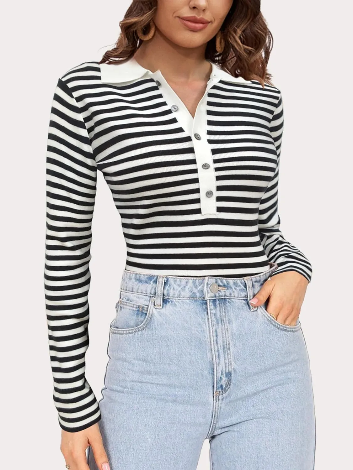 SuperPrity Long Sleeve Shirts for Women Spring Fashion V Neck Button Polo Sweaters Stretch Slim Fitted Knit Basic Tee Tops