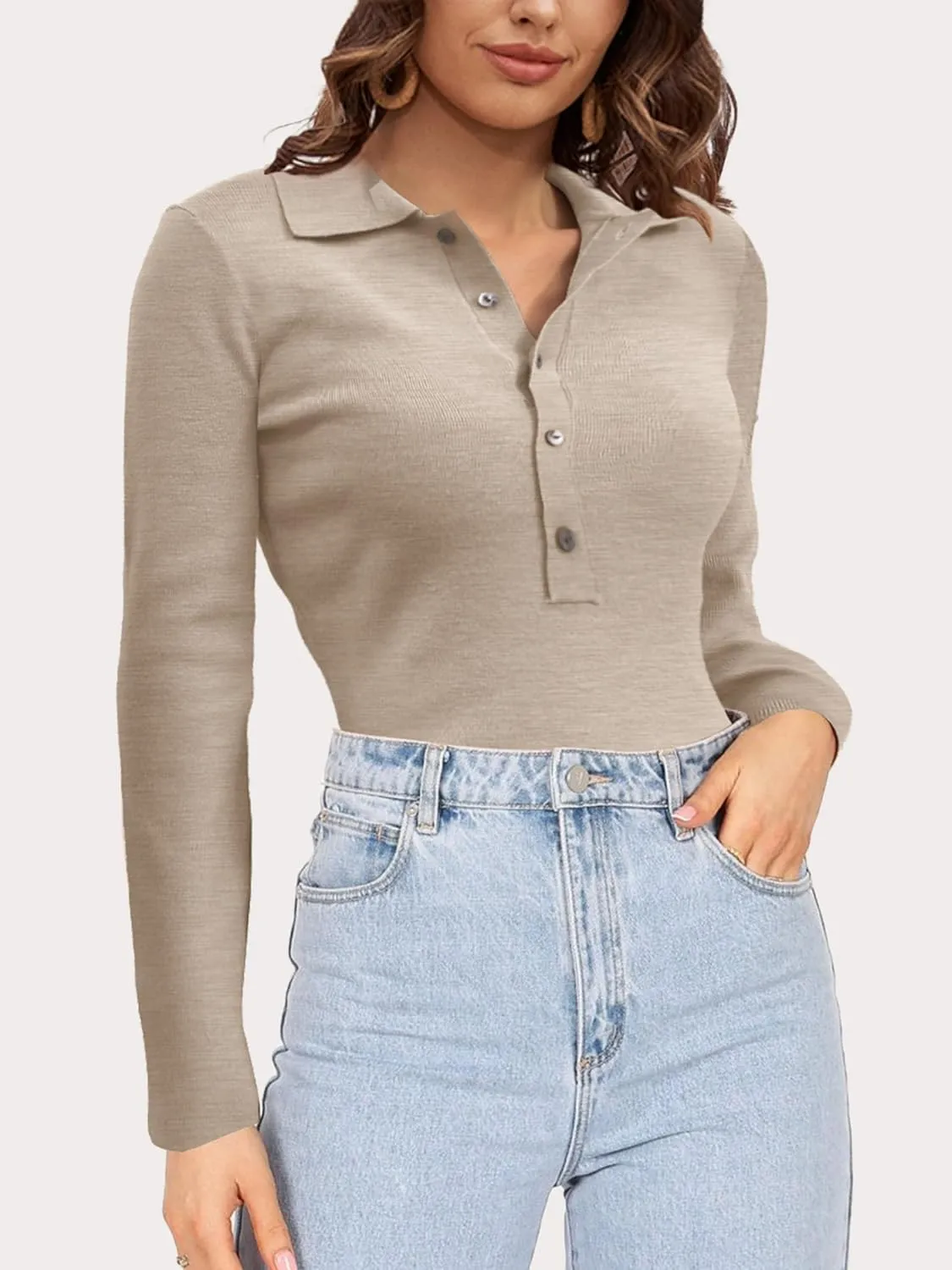 SuperPrity Long Sleeve Shirts for Women Spring Fashion V Neck Button Polo Sweaters Stretch Slim Fitted Knit Basic Tee Tops
