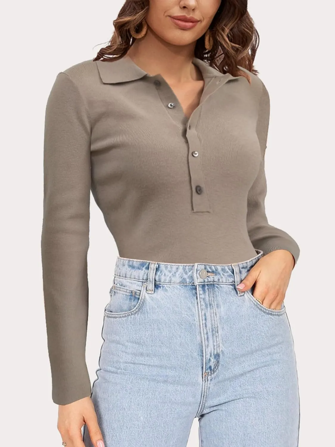 SuperPrity Long Sleeve Shirts for Women Spring Fashion V Neck Button Polo Sweaters Stretch Slim Fitted Knit Basic Tee Tops