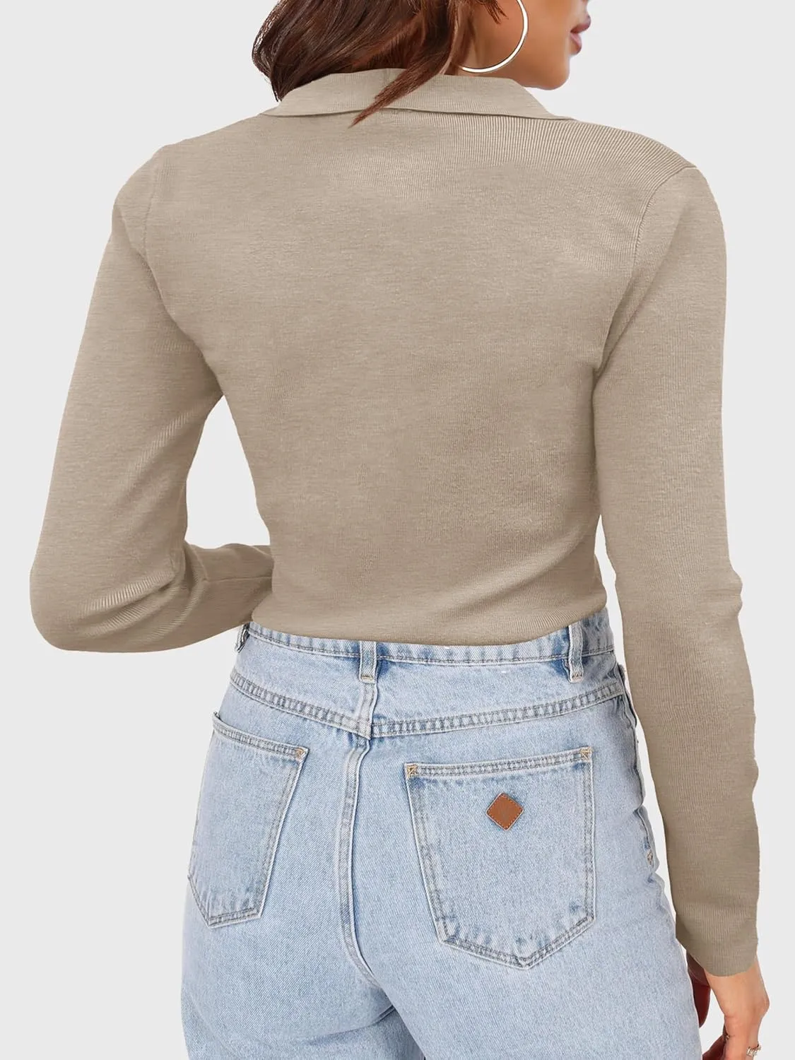 SuperPrity Long Sleeve Shirts for Women Spring Fashion V Neck Button Polo Sweaters Stretch Slim Fitted Knit Basic Tee Tops