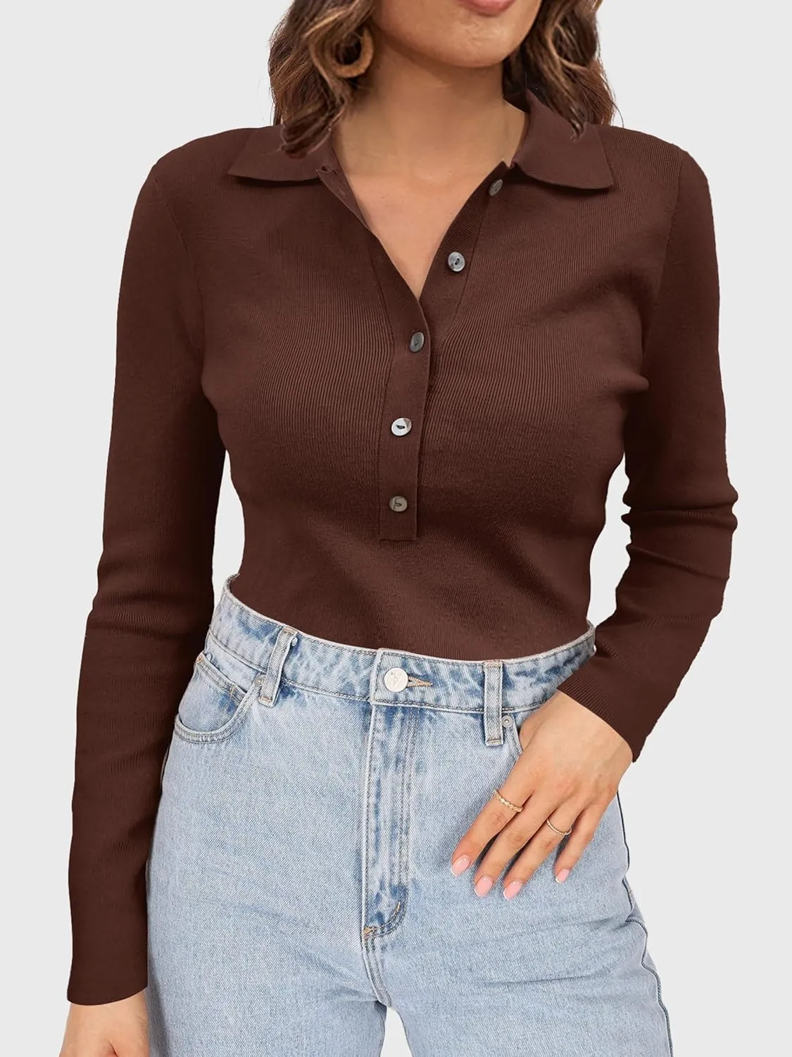SuperPrity Long Sleeve Shirts for Women Spring Fashion V Neck Button Polo Sweaters Stretch Slim Fitted Knit Basic Tee Tops