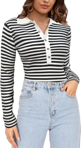 SuperPrity Long Sleeve Shirts for Women Spring Fashion V Neck Button Polo Sweaters Stretch Slim Fitted Knit Basic Tee Tops