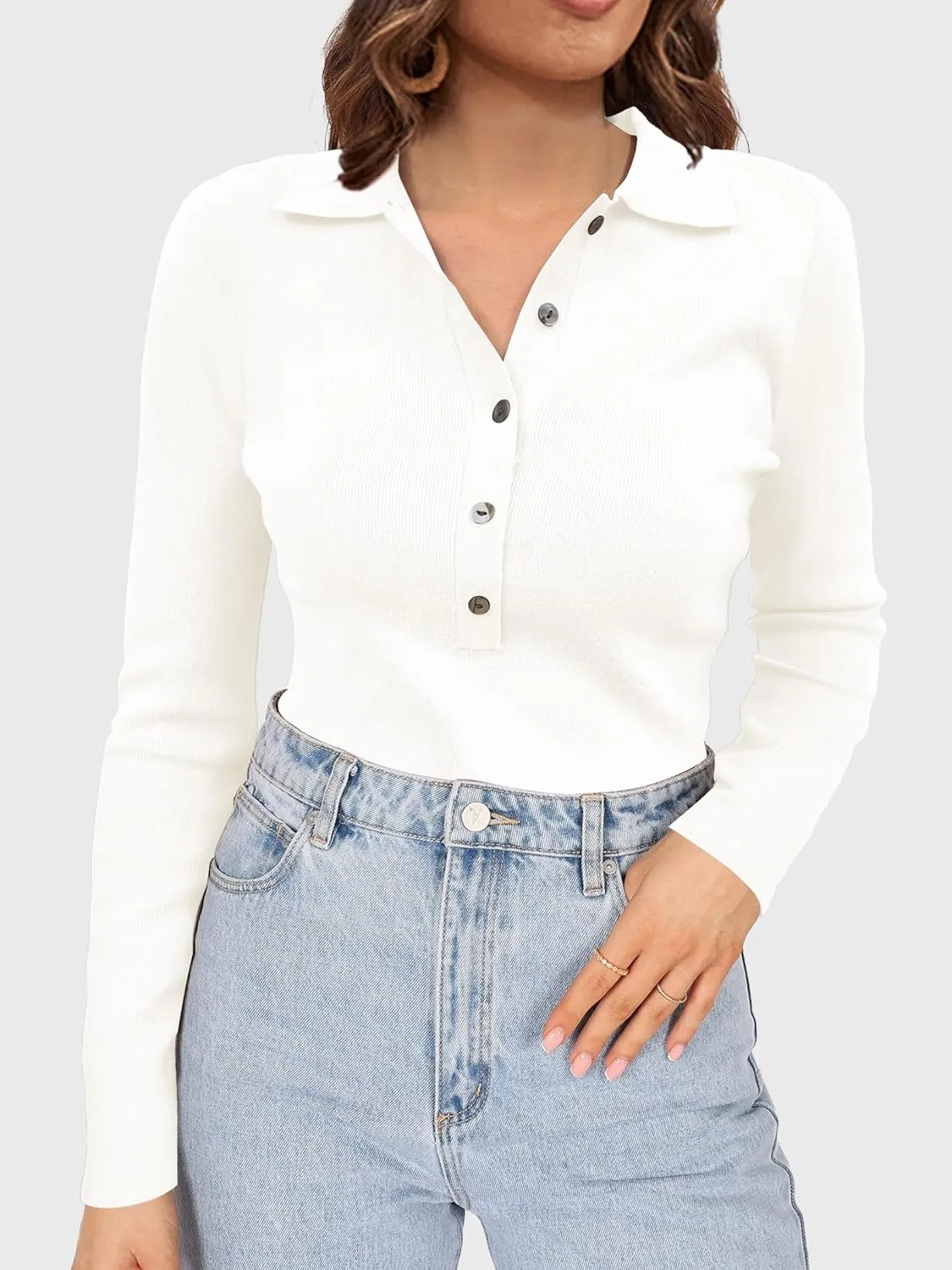 SuperPrity Long Sleeve Shirts for Women Spring Fashion V Neck Button Polo Sweaters Stretch Slim Fitted Knit Basic Tee Tops