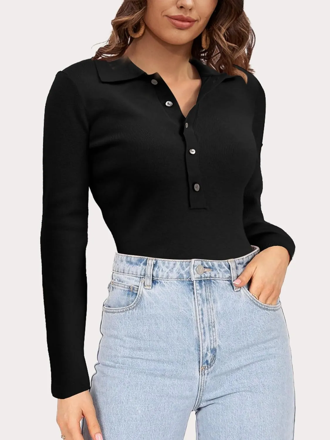 SuperPrity Long Sleeve Shirts for Women Spring Fashion V Neck Button Polo Sweaters Stretch Slim Fitted Knit Basic Tee Tops