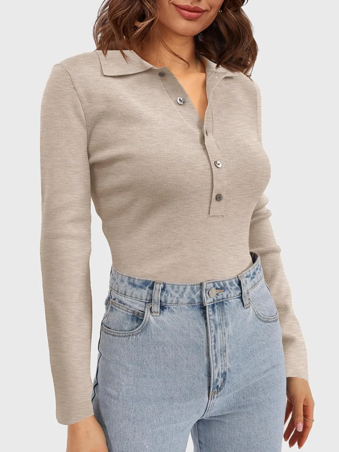 SuperPrity Long Sleeve Shirts for Women Spring Fashion V Neck Button Polo Sweaters Stretch Slim Fitted Knit Basic Tee Tops