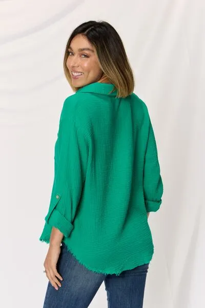 TEEK - Texture Button Up Raw Hem Long Sleeve Shirt