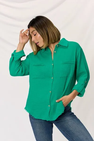 TEEK - Texture Button Up Raw Hem Long Sleeve Shirt